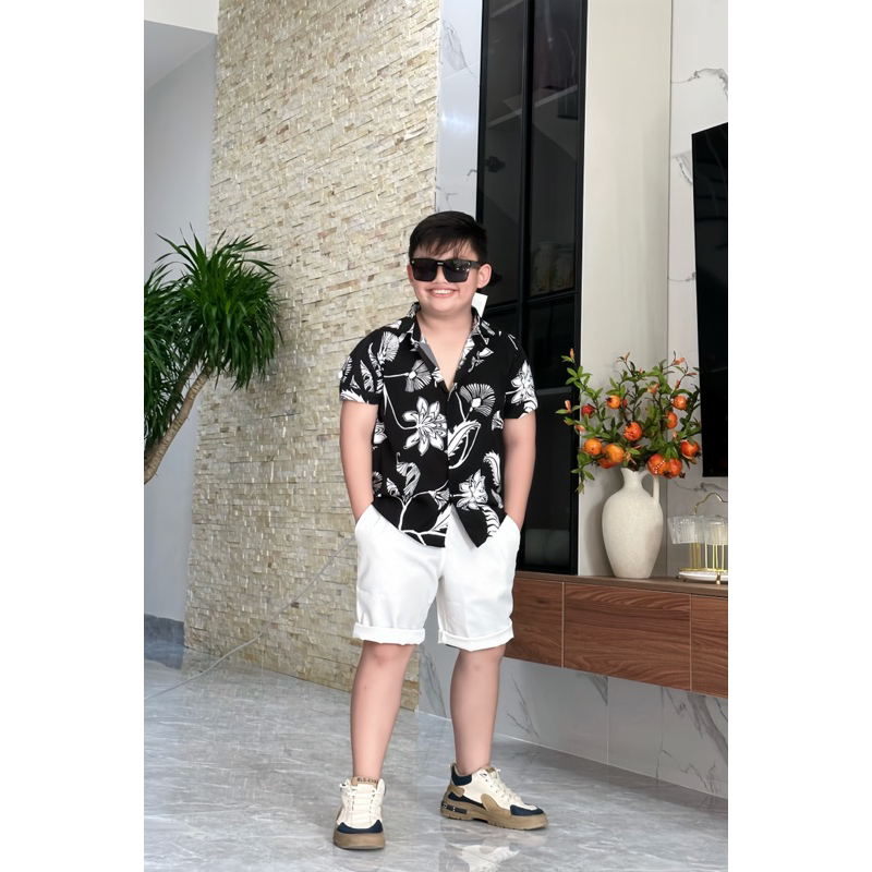 set sơmi hoa tiết đen cho bé trai 10-52kg TONI BRAND