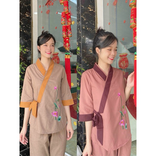Nhật Nơ Phối Thêu Hoa Nữ # Đồ Lam Đi Chùa