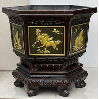 Khuôn đúc chậu lục giác rộng 60 cao 40 chất liệu nhựa abs hoa văn phúc, lộc, thọ, sen, thuyền, ngựa kèm khuôn chân