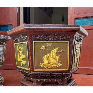Khuôn đúc chậu lục giác rộng 60 cao 40 chất liệu nhựa abs hoa văn phúc, lộc, thọ, sen, thuyền, ngựa kèm khuôn chân