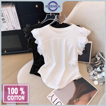 Áo croptop tay hến phồng ngắn sang chảnh ôm nữ ozenka , áo crt cổ tròn cộc tay kiểu nhún eo thun cotton đen trắng