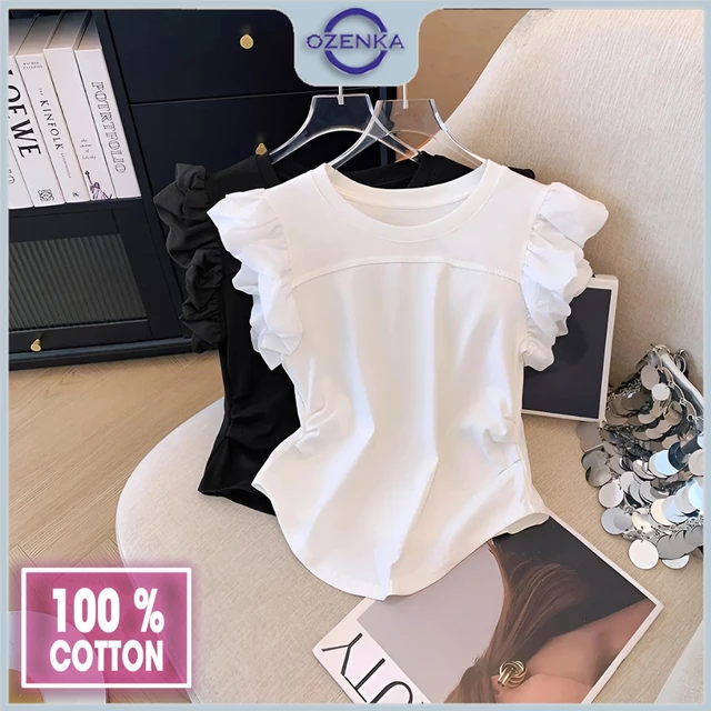 Áo croptop tay hến phồng ngắn sang chảnh ôm nữ ozenka , áo crt cổ tròn cộc tay kiểu nhún eo thun cotton đen trắng