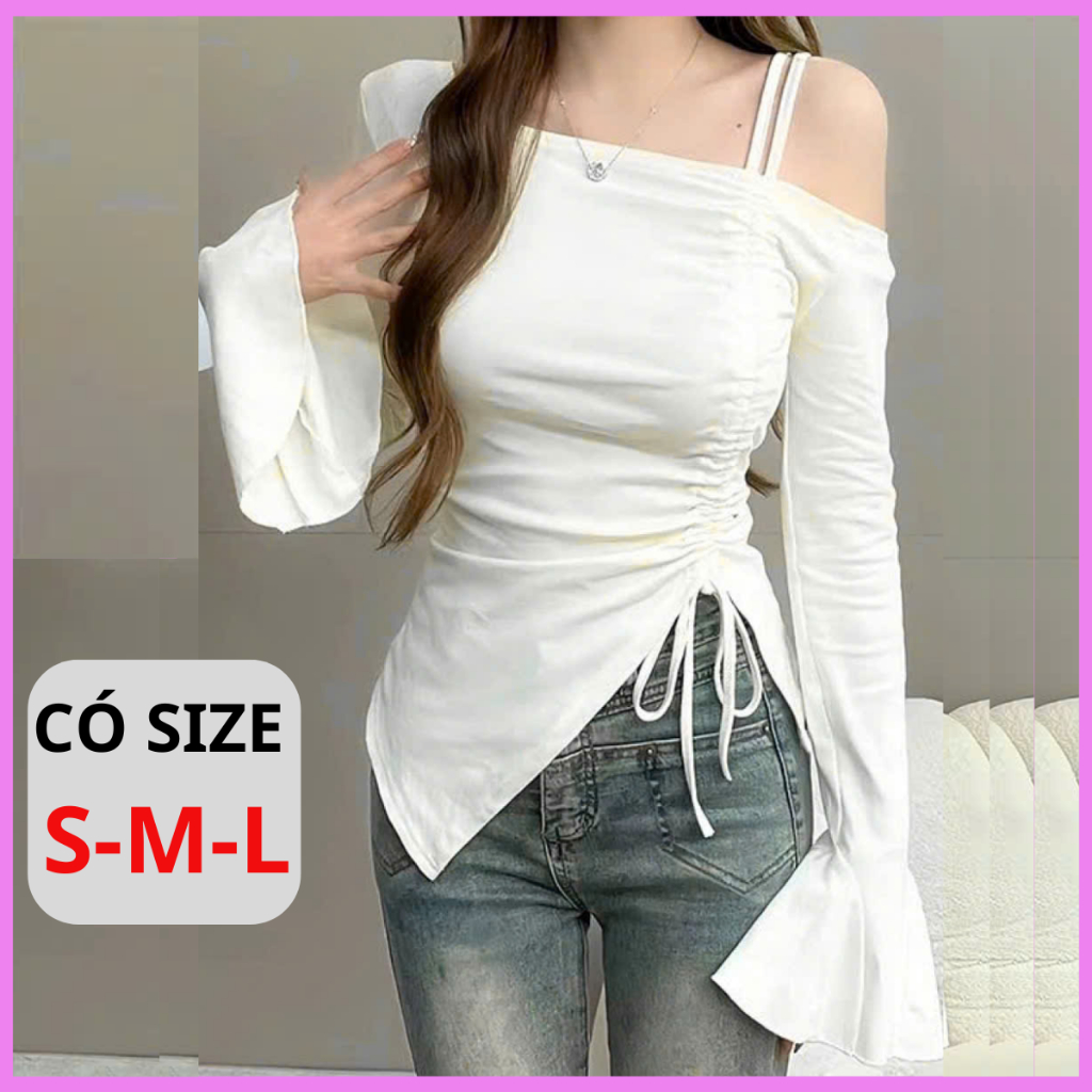 [CÓ SIZE] Áo Trễ Vai Tay Dài RANSHI Thiết Kế Xẻ Tà Phối Dây Rút Ôm Body Sexy Quyến Rũ Chất Thun Tăm Thái