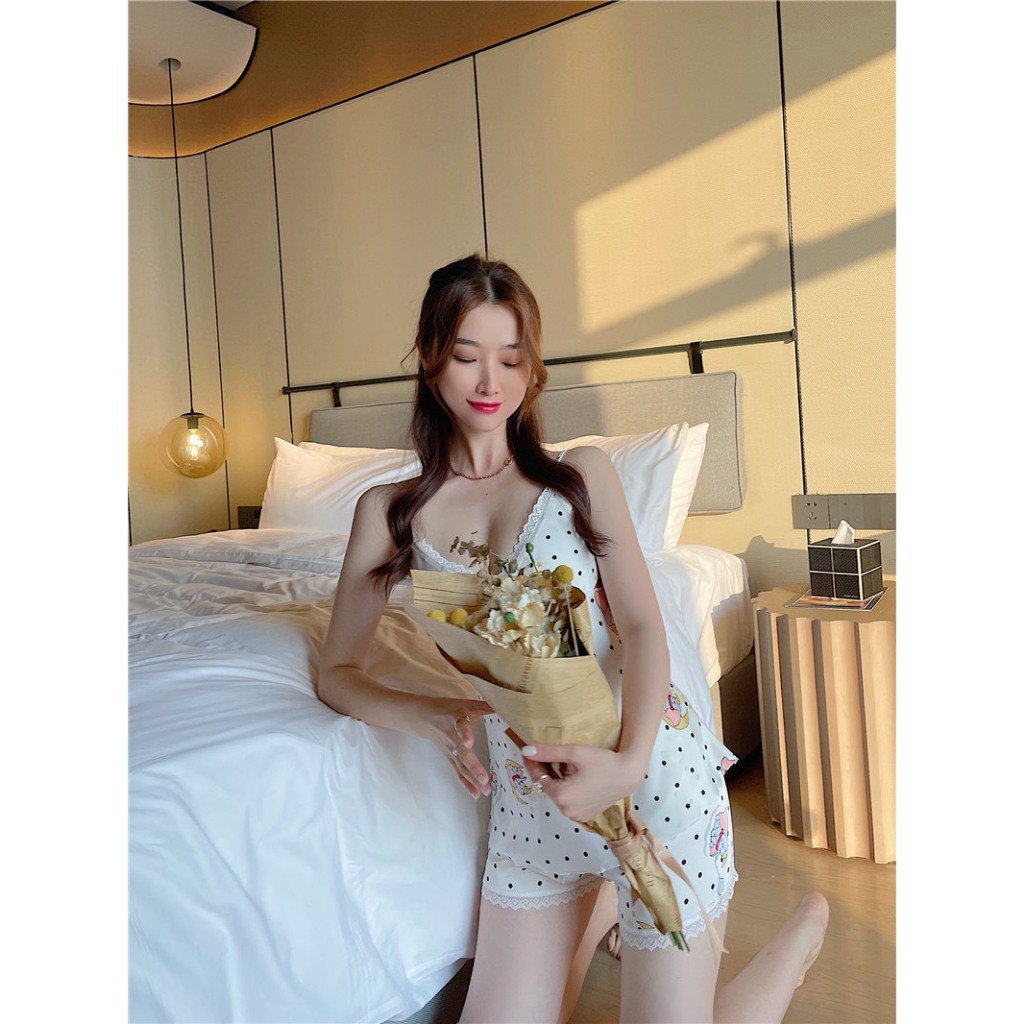 Ảnh Đồ Bộ Mặc Nhà Hai Dây Quần Đùi Lụa Kate In Họa Tiết Voi Hisexy XS51 1
