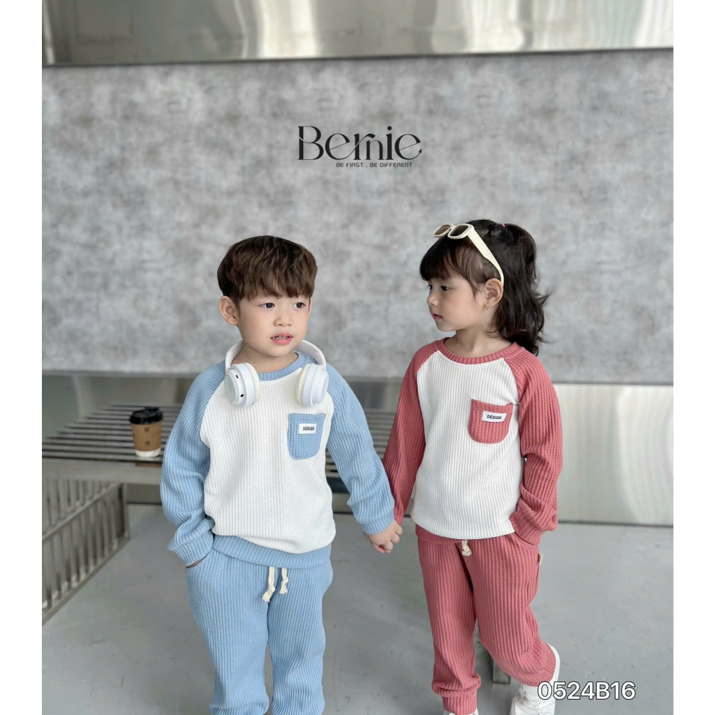 Bộ thu đông xốp dài tay unisex cho bé trai bé gái, bộ cotton tổ ong phối túi trơn màu cho bé