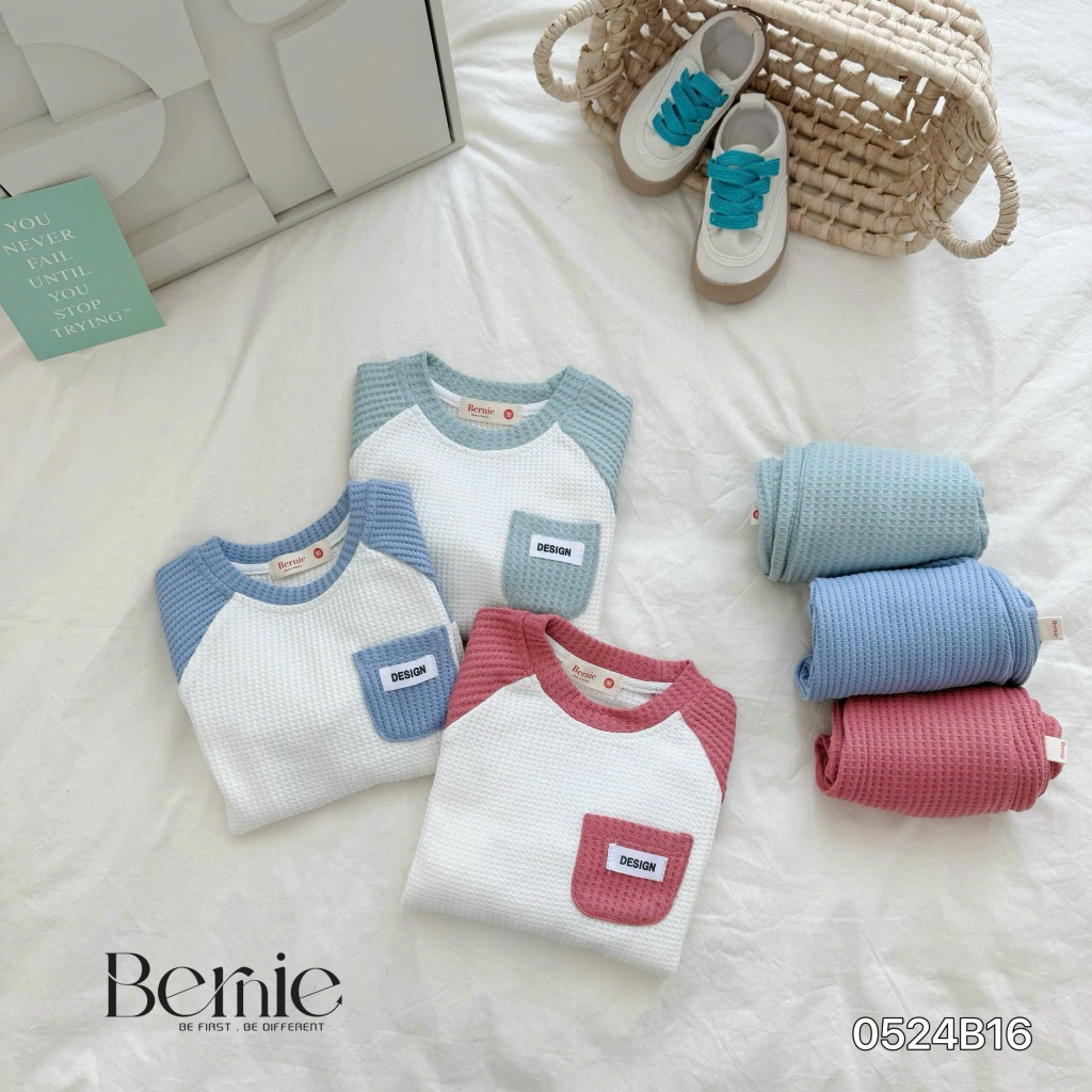 Bộ thu đông xốp dài tay unisex cho bé trai bé gái, bộ cotton tổ ong phối túi trơn màu cho bé