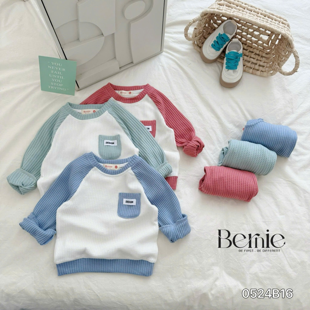Bộ thu đông xốp dài tay unisex cho bé trai bé gái, bộ cotton tổ ong phối túi trơn màu cho bé