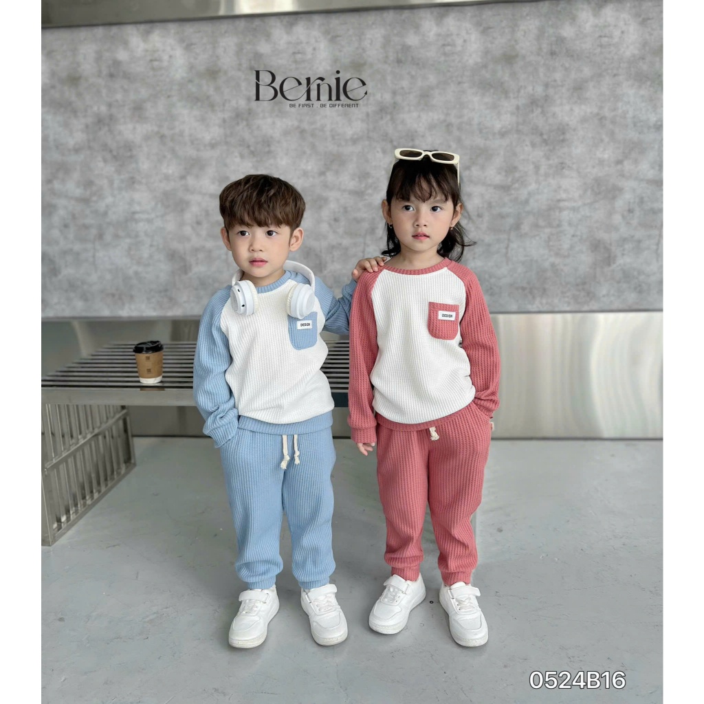 Bộ thu đông xốp dài tay unisex cho bé trai bé gái, bộ cotton tổ ong phối túi trơn màu cho bé