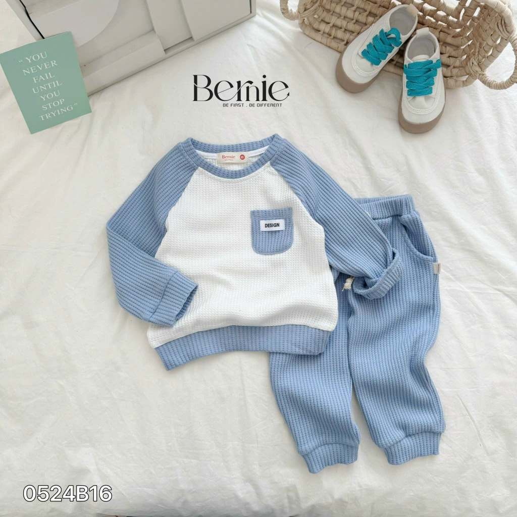 Bộ thu đông xốp dài tay unisex cho bé trai bé gái, bộ cotton tổ ong phối túi trơn màu cho bé