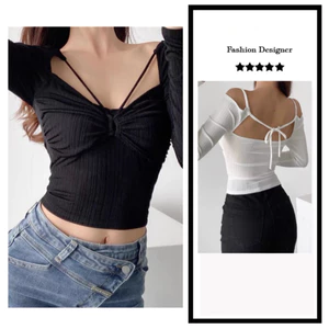 Áo croptop nữ dài tay HAGA áo khoét ngực luồn dây ALDN60