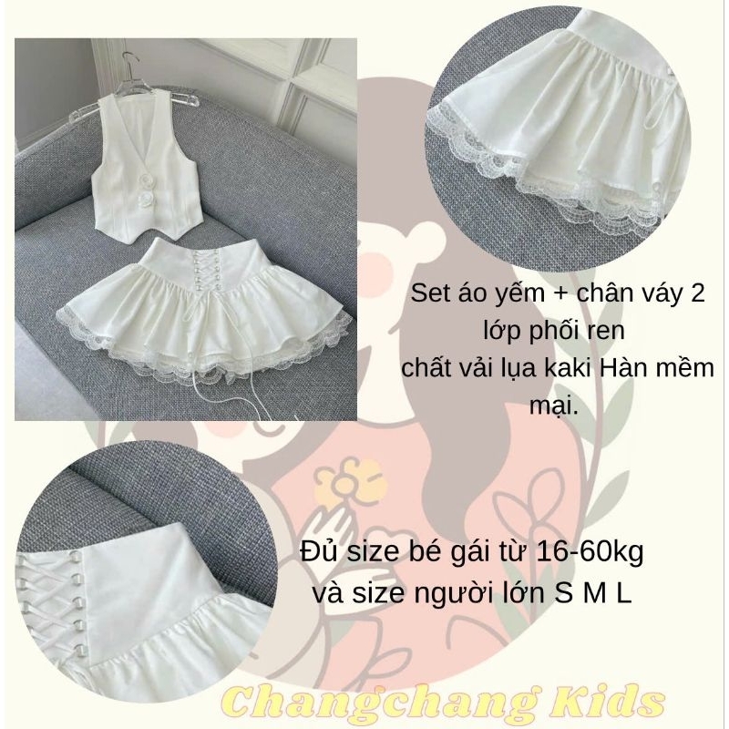 Sét váy bé gái áo ghi lê đính hoa chân váy phối ren bé gái sành điệu size nhỏ đến size đại từ 12-55kg
