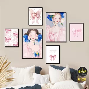 Set 6 tranh decor cô gái ngọt ngào tranh dán tường trang trí phòng khách, phòng ngủ, tranh treo tường