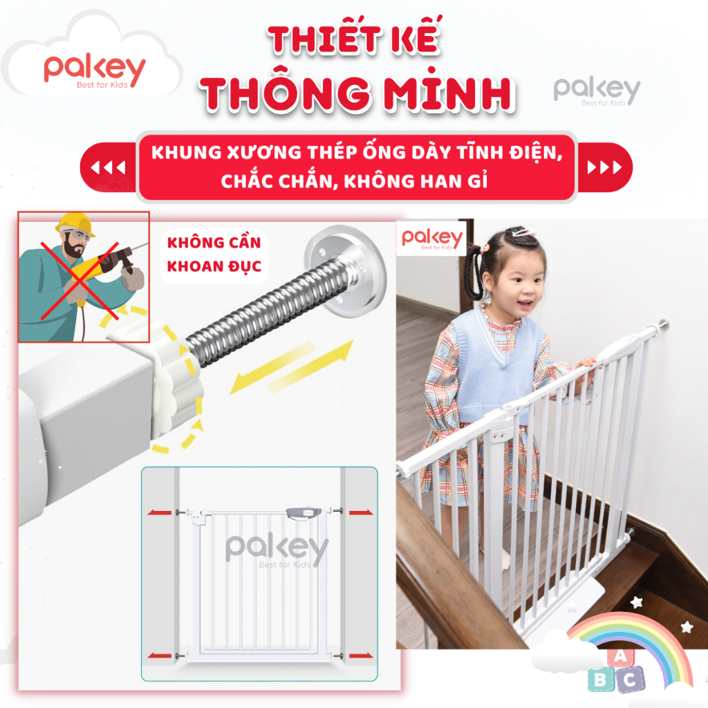 Thanh Chắn Cầu Thang, Thanh Chắn Cửa Loại Dày To PAKEY Không Cần Khoan Tường Cao Tới 79cm An Toàn Cho Bé