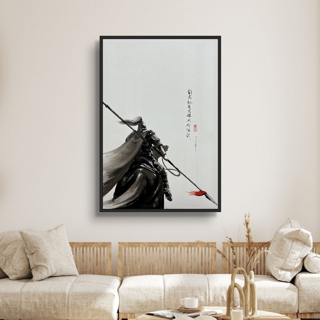 Tranh Gỗ Thủy Mặc Đơn Thương Độc Mã Tráng Gương Có Khung Bản Cao Cấp  Decor Phòng Khách, Không Gian Làm Việc