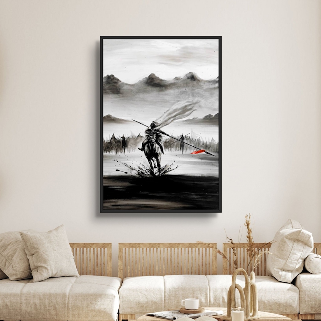 Tranh Gỗ Thủy Mặc Đơn Thương Độc Mã Tráng Gương Có Khung Bản Cao Cấp  Decor Phòng Khách, Không Gian Làm Việc