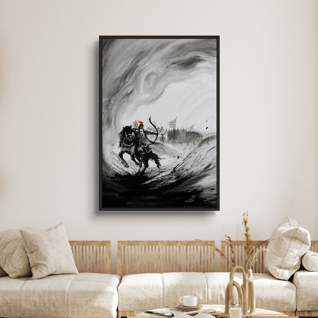 Tranh Gỗ Thủy Mặc Đơn Thương Độc Mã Tráng Gương Có Khung Bản Cao Cấp  Decor Phòng Khách, Không Gian Làm Việc