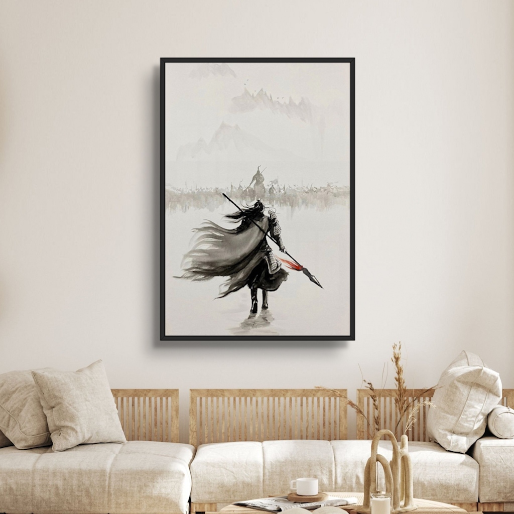 Tranh Gỗ Thủy Mặc Đơn Thương Độc Mã Tráng Gương Có Khung Bản Cao Cấp  Decor Phòng Khách, Không Gian Làm Việc