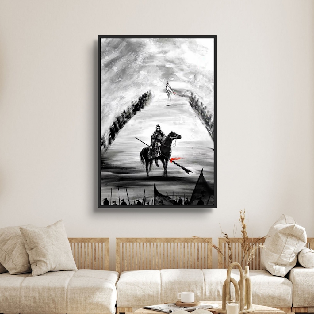 Tranh Gỗ Thủy Mặc Đơn Thương Độc Mã Tráng Gương Có Khung Bản Cao Cấp  Decor Phòng Khách, Không Gian Làm Việc