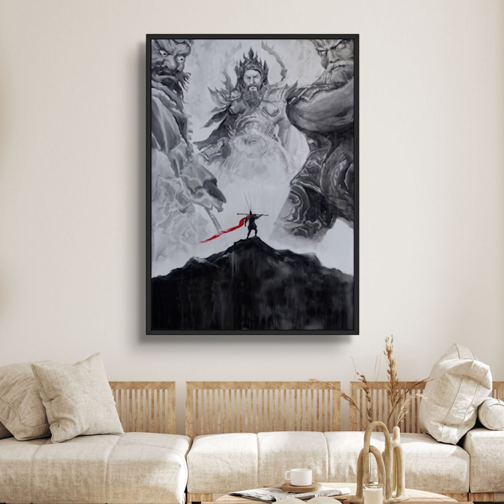 Tranh Gỗ Thủy Mặc Tào Tháo, WuKong Đơn Thương Độc Mã Tráng Gương Có Khung Bản Cao Cấp  Decor Nhà