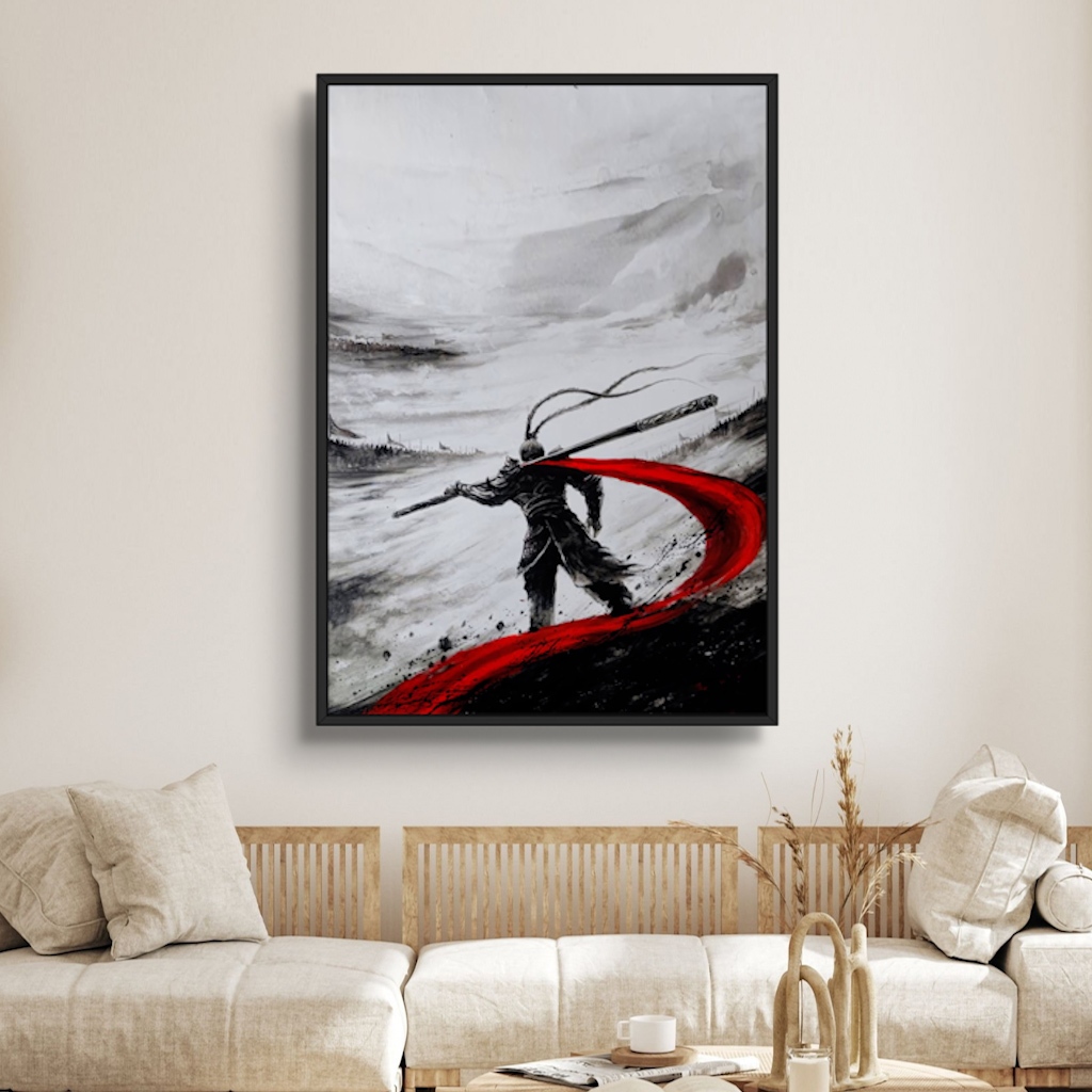 Tranh Gỗ Thủy Mặc Tào Tháo, WuKong Đơn Thương Độc Mã Tráng Gương Có Khung Bản Cao Cấp  Decor Nhà