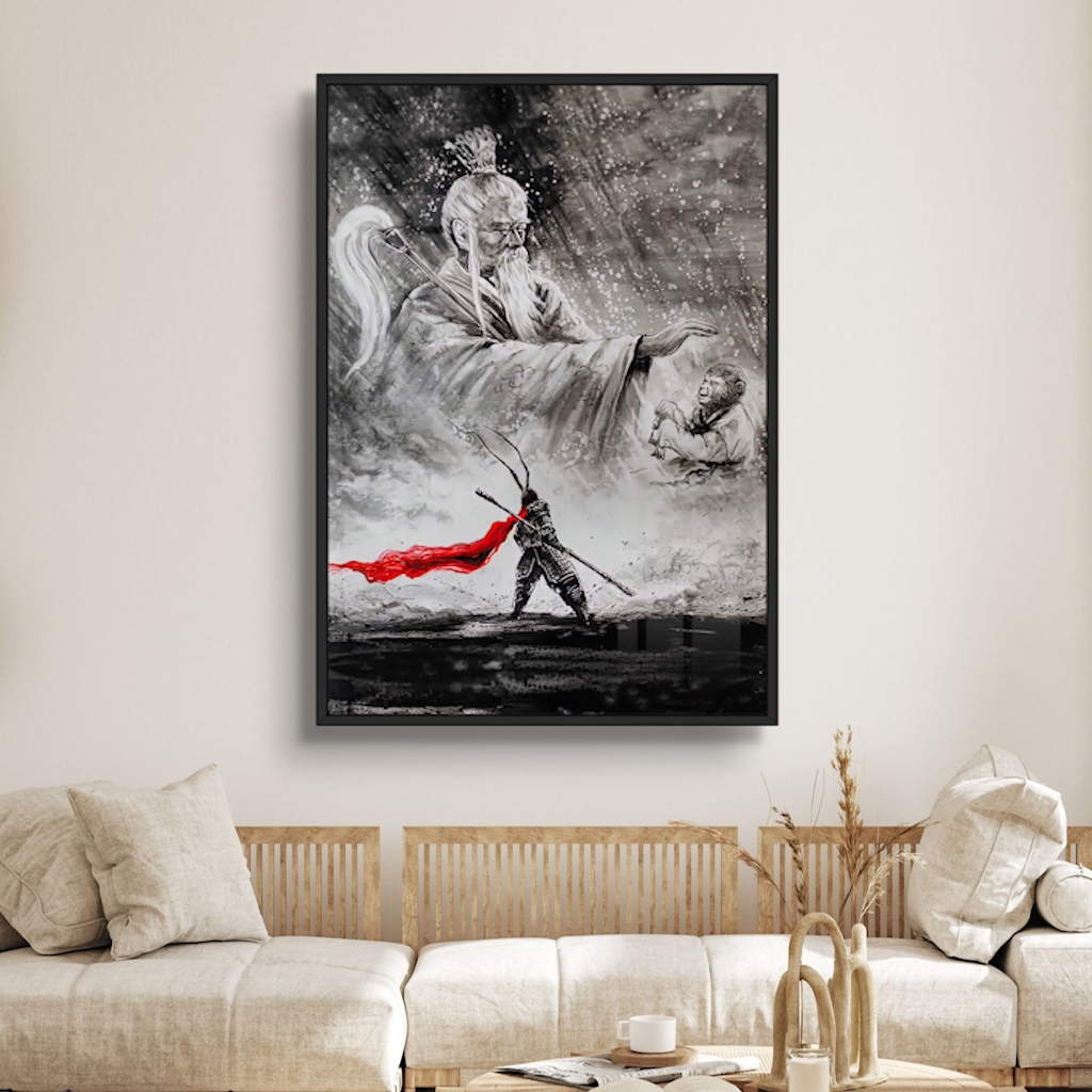 Tranh Gỗ Thủy Mặc Tào Tháo, WuKong Đơn Thương Độc Mã Tráng Gương Có Khung Bản Cao Cấp  Decor Nhà
