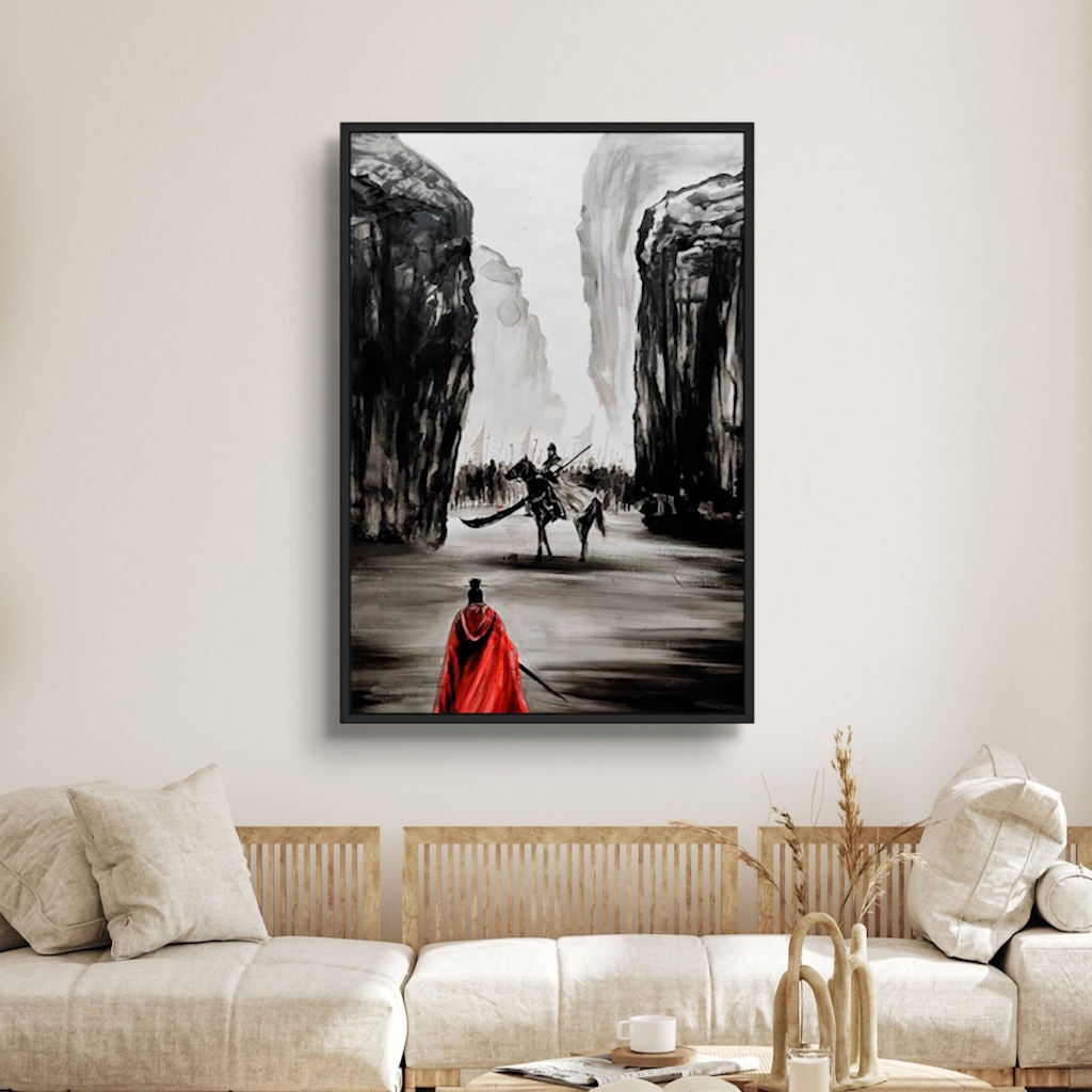 Tranh Gỗ Thủy Mặc Tào Tháo, WuKong Đơn Thương Độc Mã Tráng Gương Có Khung Bản Cao Cấp  Decor Nhà