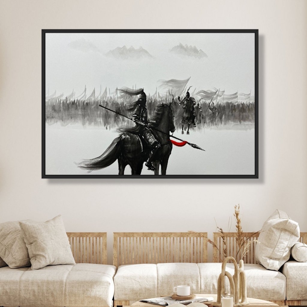 Tranh Gỗ Thủy Mặc Tào Tháo, WuKong Đơn Thương Độc Mã Tráng Gương Có Khung Bản Cao Cấp  Decor Nhà
