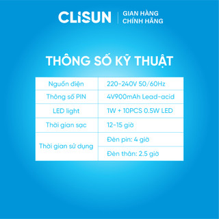 Đèn Pin Sạc Điện Clisun | Đèn Pin Tích Điện Chiếu Sáng 360 Độ Liên Tục 17H Tuổi Thọ Cao 15W