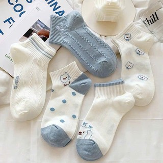 Set 5 Đôi Tất Cotton Cổ Ngắn Phối Hoạ Tiết Cún Tone Trắng Xanh Hot tt31