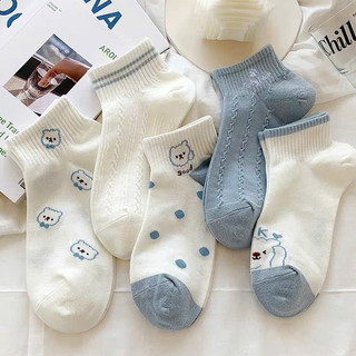 Set 5 Đôi Tất Cotton Cổ Ngắn Phối Hoạ Tiết Cún Tone Trắng Xanh Hot tt31