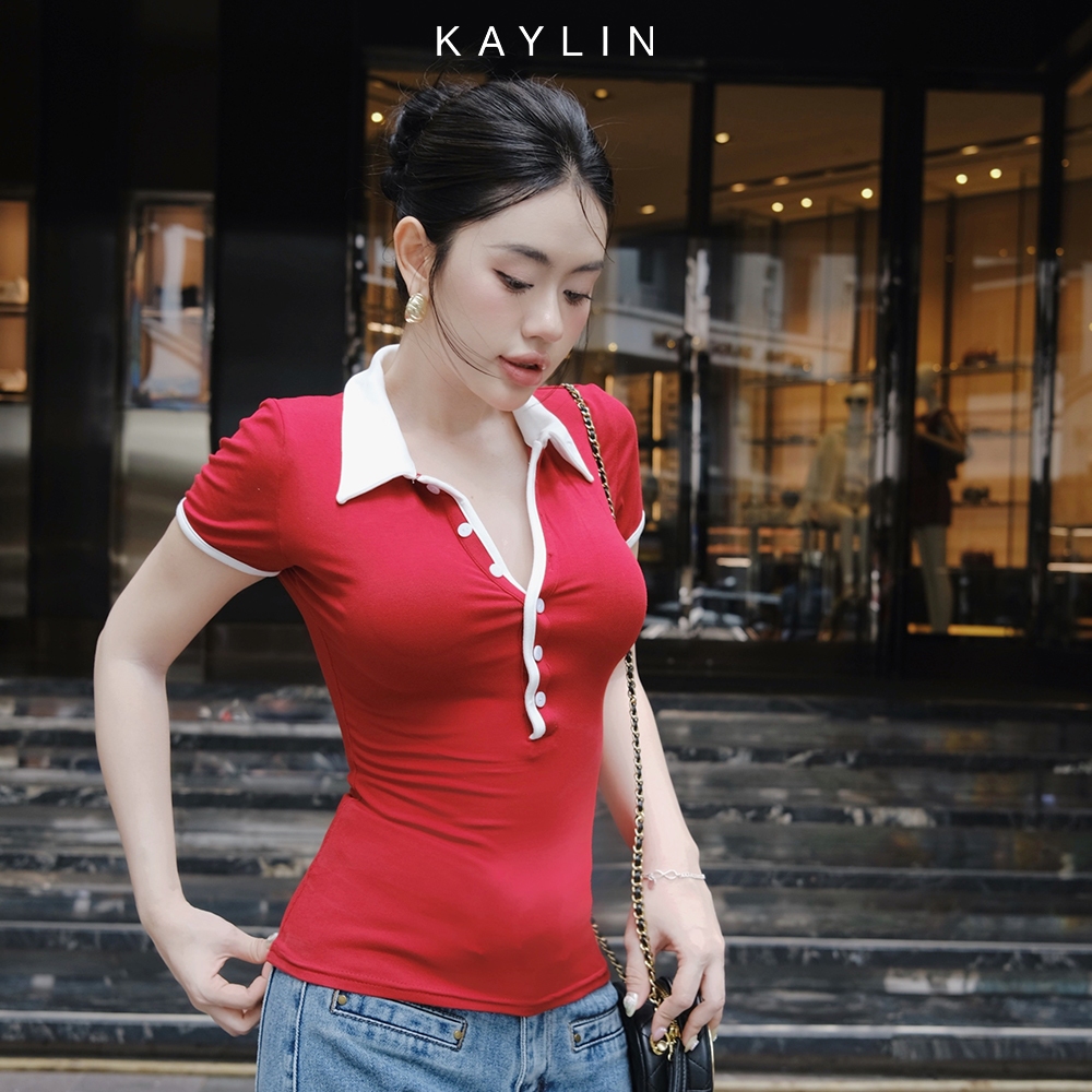 Ảnh Áo thun KAYLIN Polo form ôm phối sọc chất vài thun co giản phong cách công sở thanh lịch - N2308 1