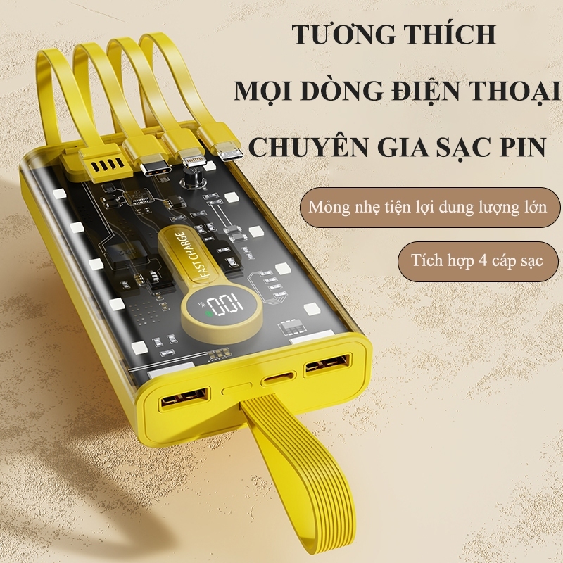 Sạc dự phòng 30000mah pd22,5w/20w sạc nhanh trong suốt có cổng tích hợp 4 dây cáp sạc có tích hợp đèn led chiếu sáng