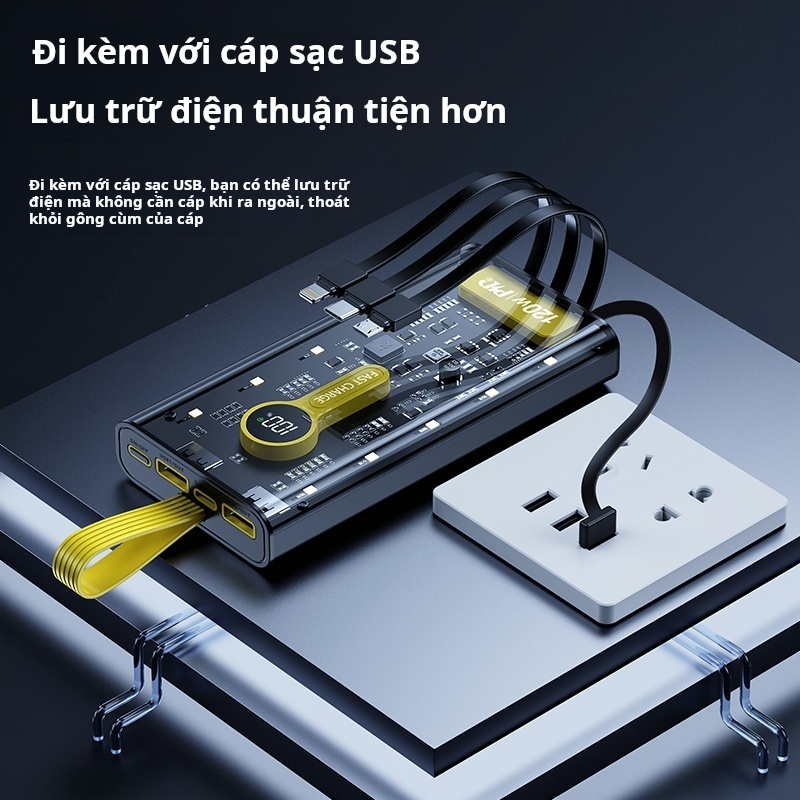 Sạc dự phòng 30000mah pd22,5w/20w sạc nhanh trong suốt có cổng tích hợp 4 dây cáp sạc có tích hợp đèn led chiếu sáng