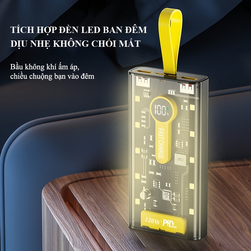 Sạc dự phòng 30000mah pd22,5w/20w sạc nhanh trong suốt có cổng tích hợp 4 dây cáp sạc có tích hợp đèn led chiếu sáng