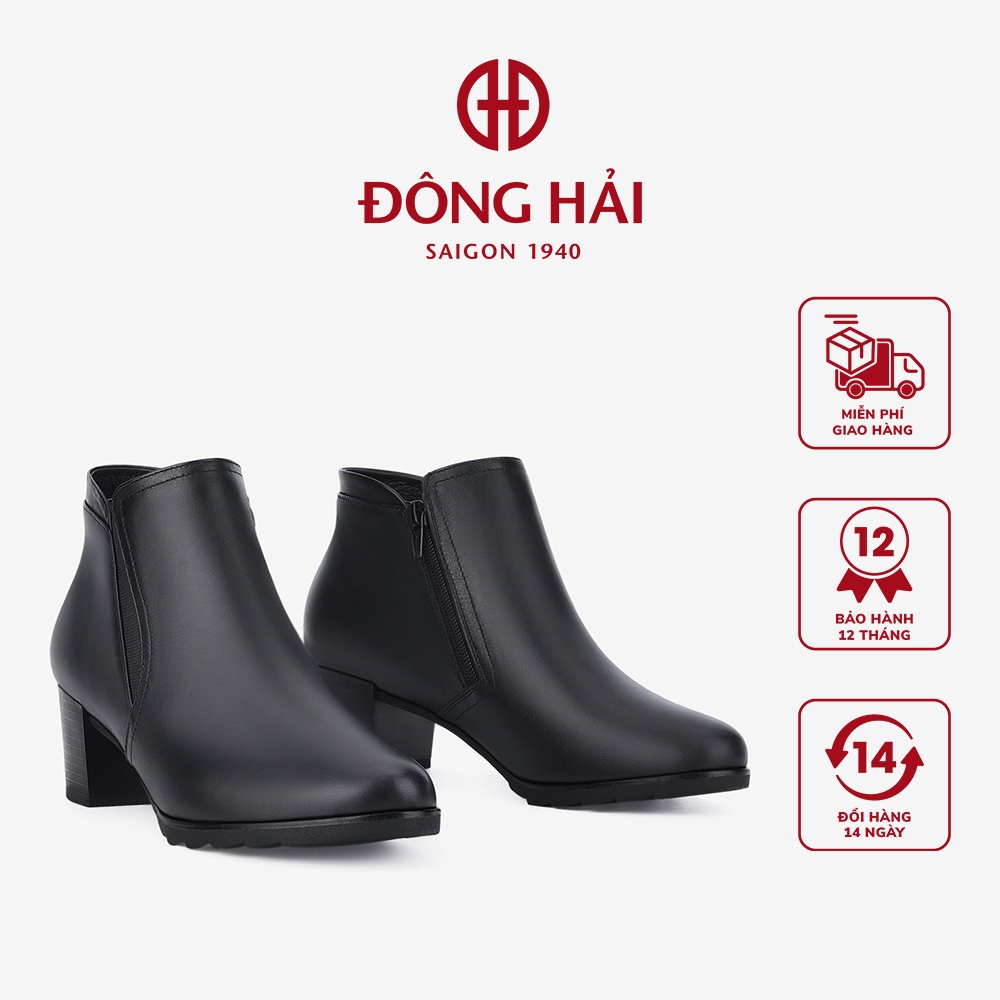 Giày Boot Da Nữ Đông Hải Cổ Ngắn Phối Thun Mũi Nhọn Gót Vuông 6cm ...