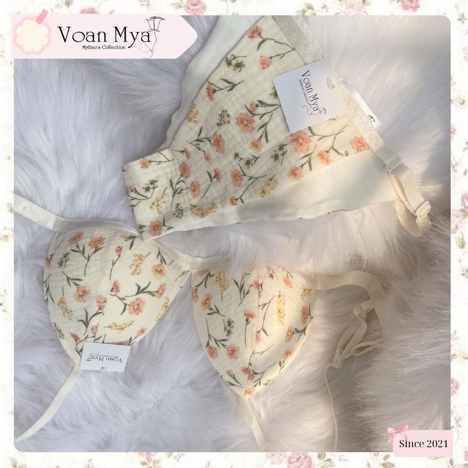 Set Bra Hoa nhí cúc trà Nội y thiết kế Voan Mya, Áo lót mút mỏng không ...