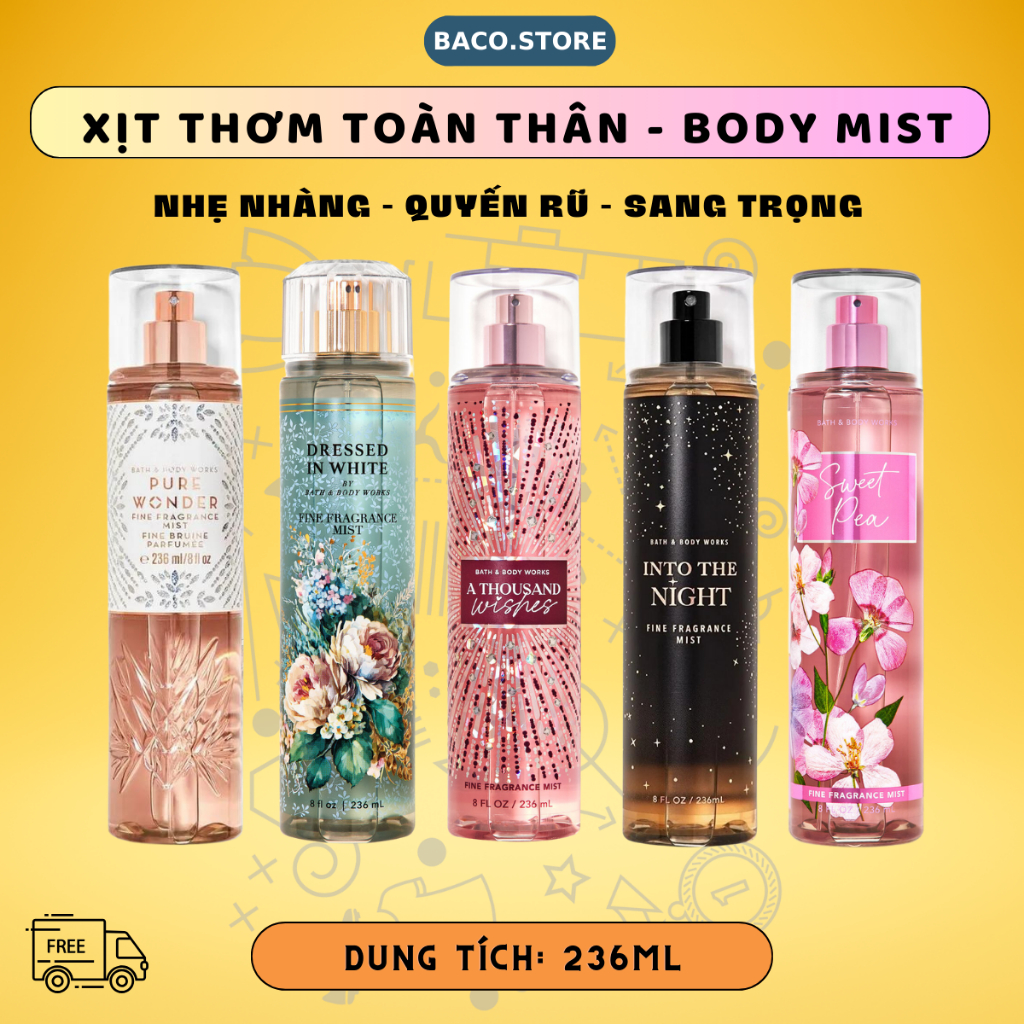 body mist, Xịt thơm toàn thân Bath & Body Works 236ml Chính Hãng USA ngọt ngào, dễ thương (Bản Mỹ)