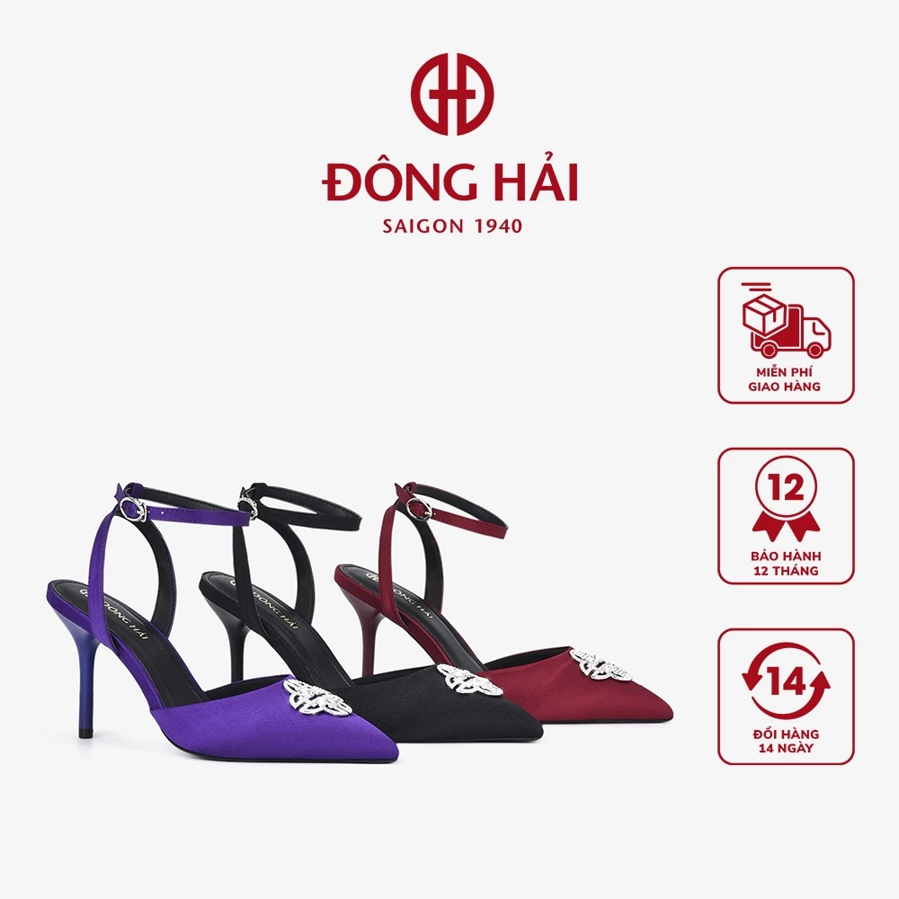 Giày Cao Gót Nữ Đông Hải Đính Đá Mũi Nhọn Vải Satin Quai Ankle-strap