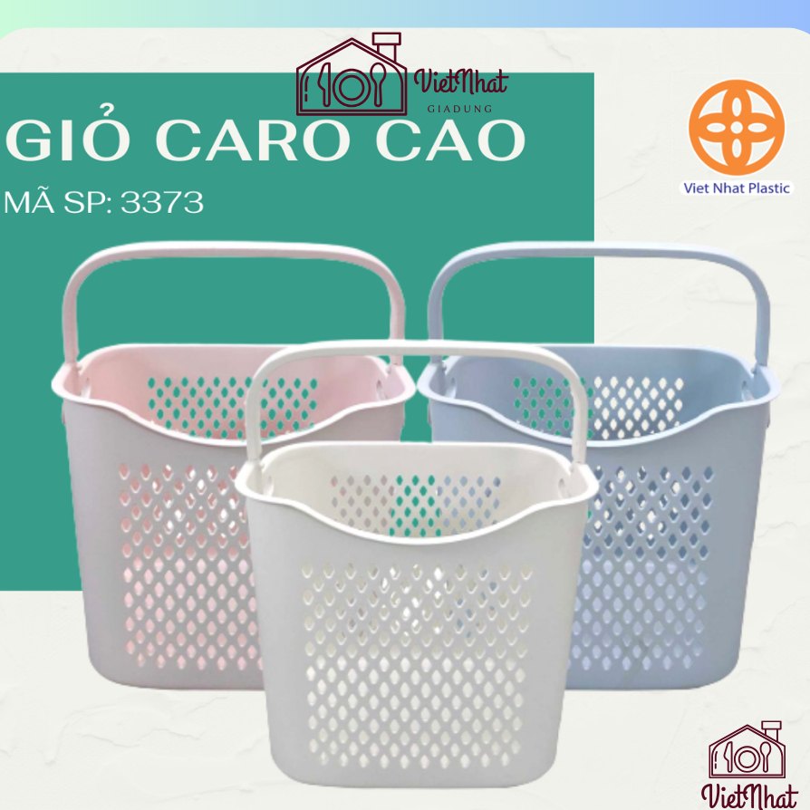 Giỏ Đựng Đồ Caro Cao VIỆT NHẬT 3373, Giỏ Nhựa Đựng Quần Áo Có Quai Xách Tiện Lợi