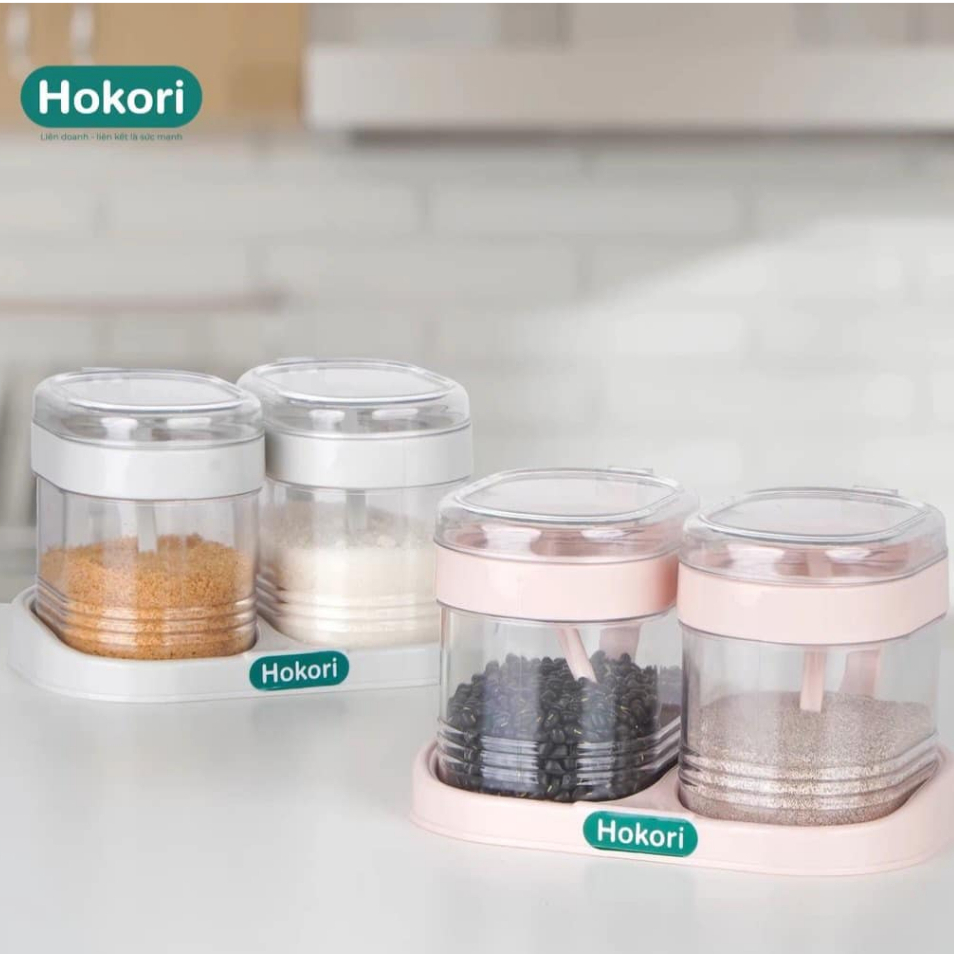 Bộ 2 Hũ Đựng Gia Vị HOKORI Nhựa Việt Nhật Cao Cấp, Hũ Đựng Gia Vị Đẹp Có Kèm Thìa Tiện Lợi 2935
