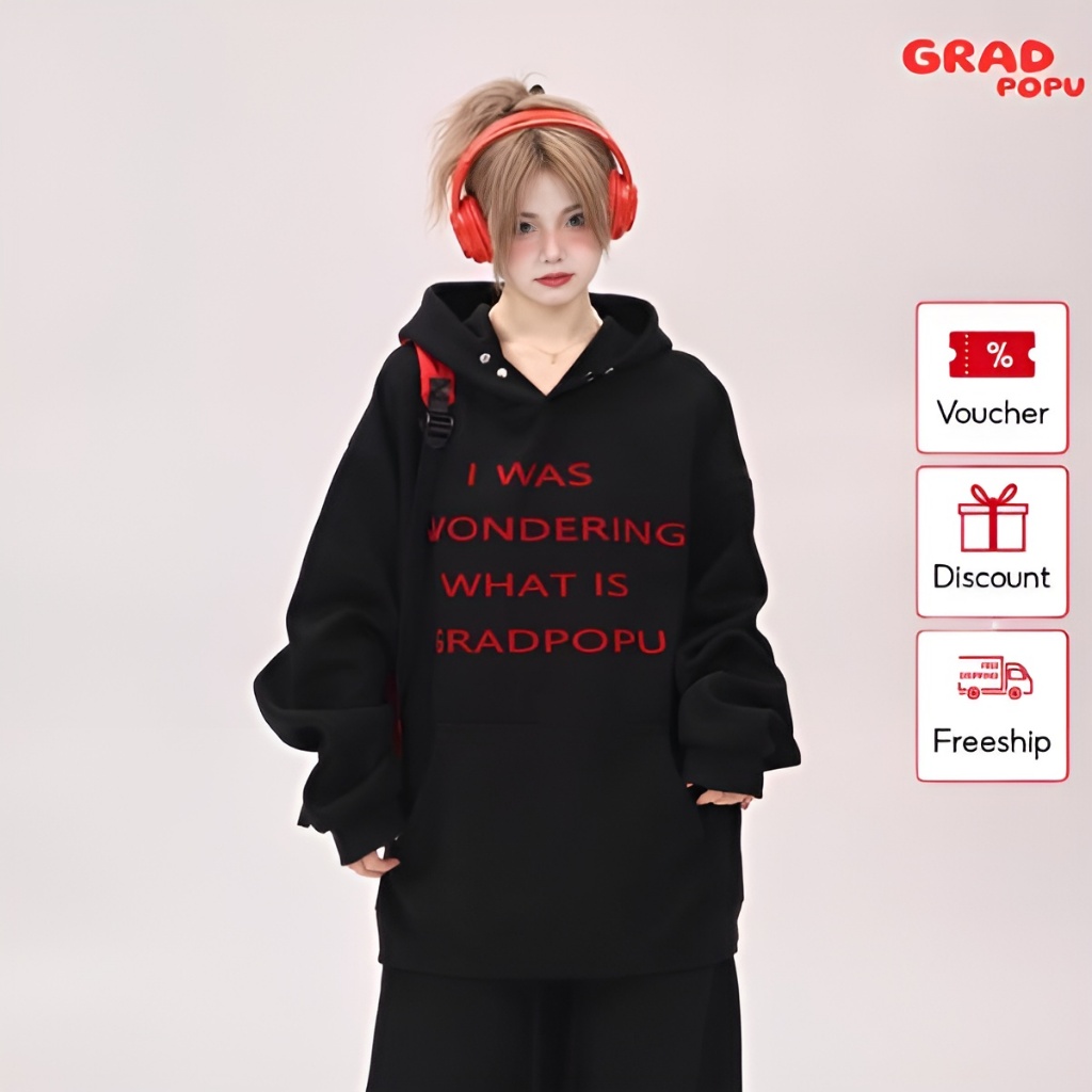 Áo hoodie nữ GRADPOPU PH25 dáng rộng in hoạt tiết chữ chất nỉ 2 lớp dày dặn có mũ trùm đầu phong cách retro Mỹ