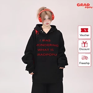 Áo hoodie nữ GRADPOPU PH25 dáng rộng in hoạt tiết chữ chất nỉ 2 lớp dày dặn có mũ trùm đầu phong cách retro Mỹ