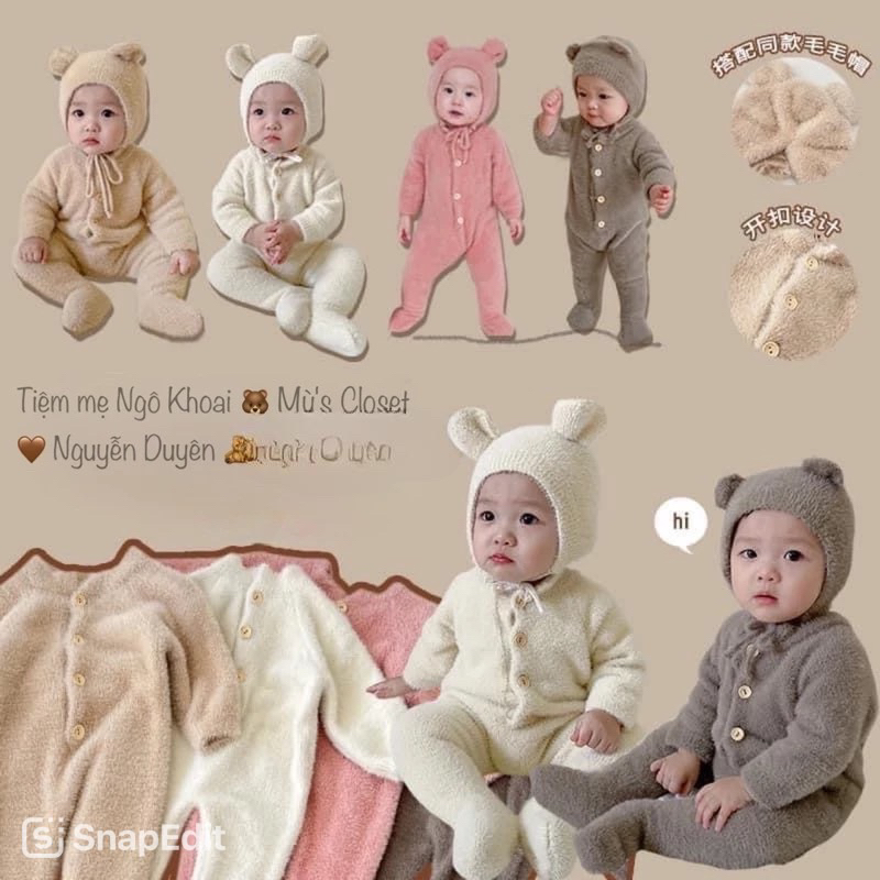 [MD21] Body suit len lông ấm áp liền tất kèm mũ gấu yêu cho bé