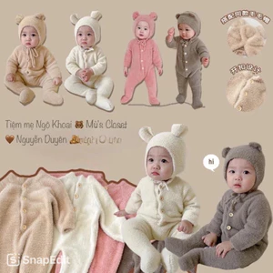 Body suit len lông ấm áp liền tất kèm mũ gấu yêu cho bé