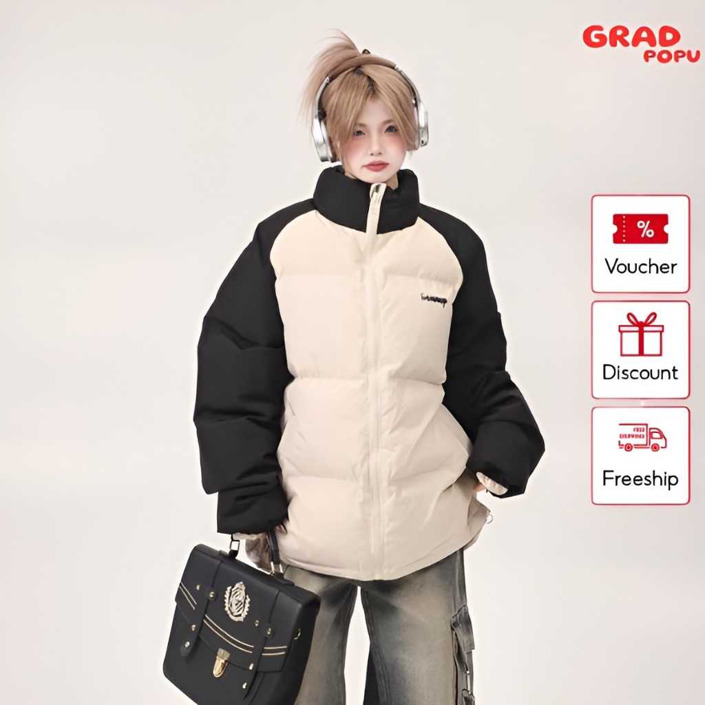 Áo phao nữ GRADPOPU PAP12 cổ đứng dáng rộng phối 2 màu basic , áo khoác phao béo oversize bo chun dày dặn siêu ấm