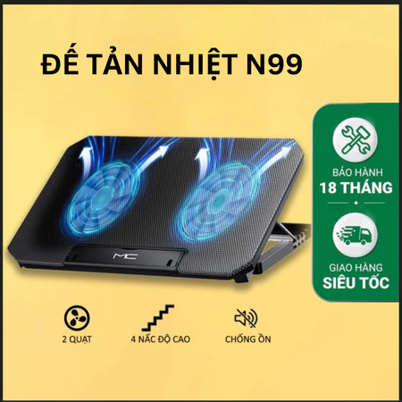 Đế Tản Nhiệt Laptop N99 COOLING PAD cho laptop từ 17 inch trở xuống- Loại Cao Cấp, 1 Fan/ 2 Fan , Đế Nâng 45 Độ HOT