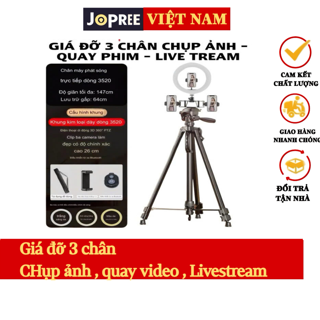 Chân quay Tripod 3 IN 1 Chân quay 360 độ, có đèn và kẹp điện thoại live ...