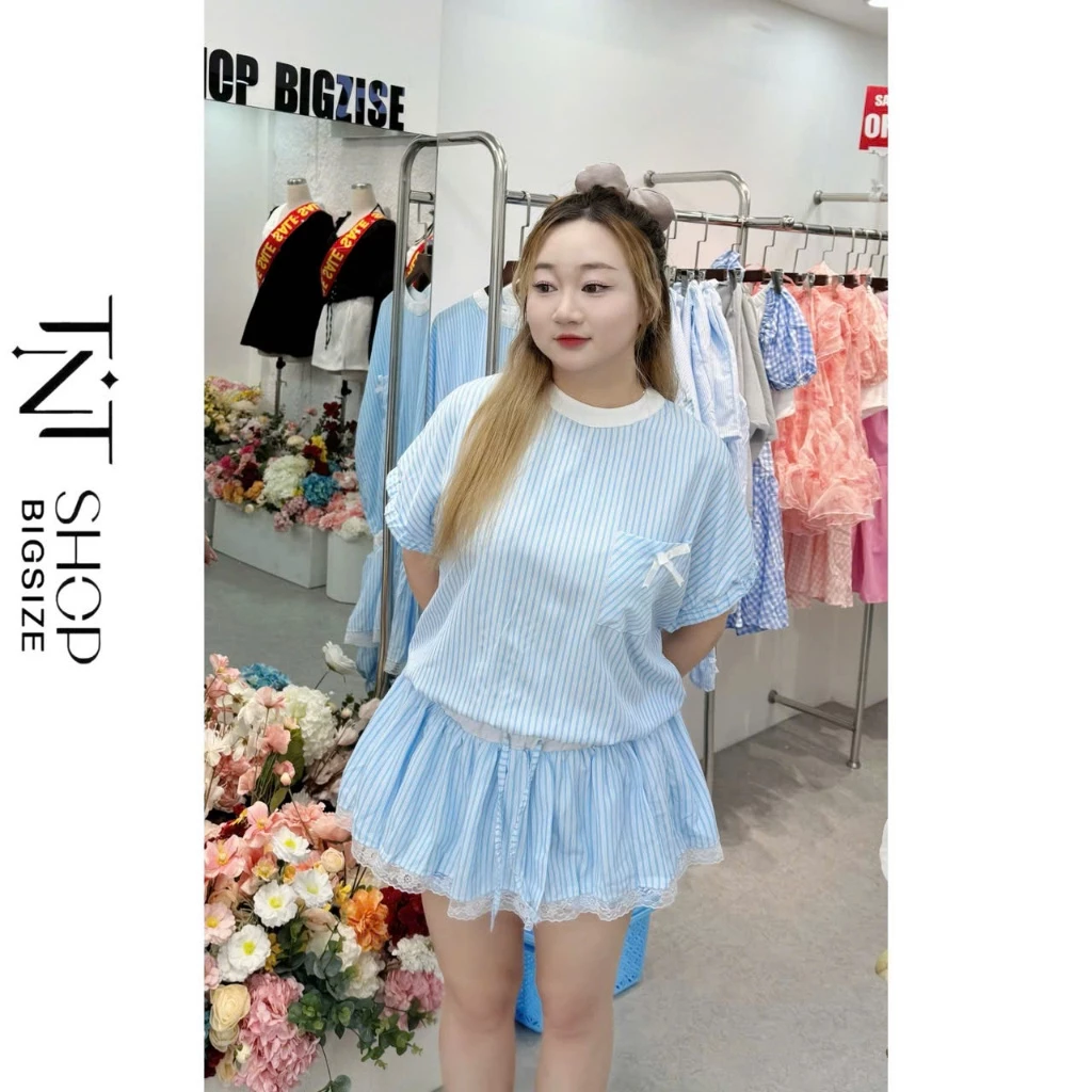 JUMPSUIT BIGSIZE KẺ TAY CHUN PHỐI CHÂN BÈO REN LÓT QUẦN BÍ