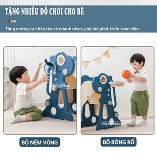 Cầu Trượt Cho Bé Hình Khủng Long Máng Dài Chất Liệu Nhựa An Toàn Có Đồ Chơi Ném Vòng Và Bóng Rổ Cho Bé KS02