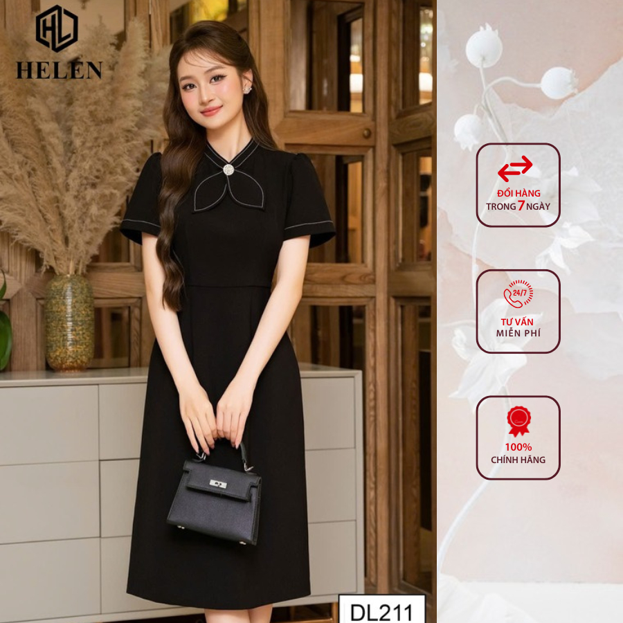 Đầm công sở HELEN thiết kế dáng xòe A màu đen cổ nơ đính cúc DL211